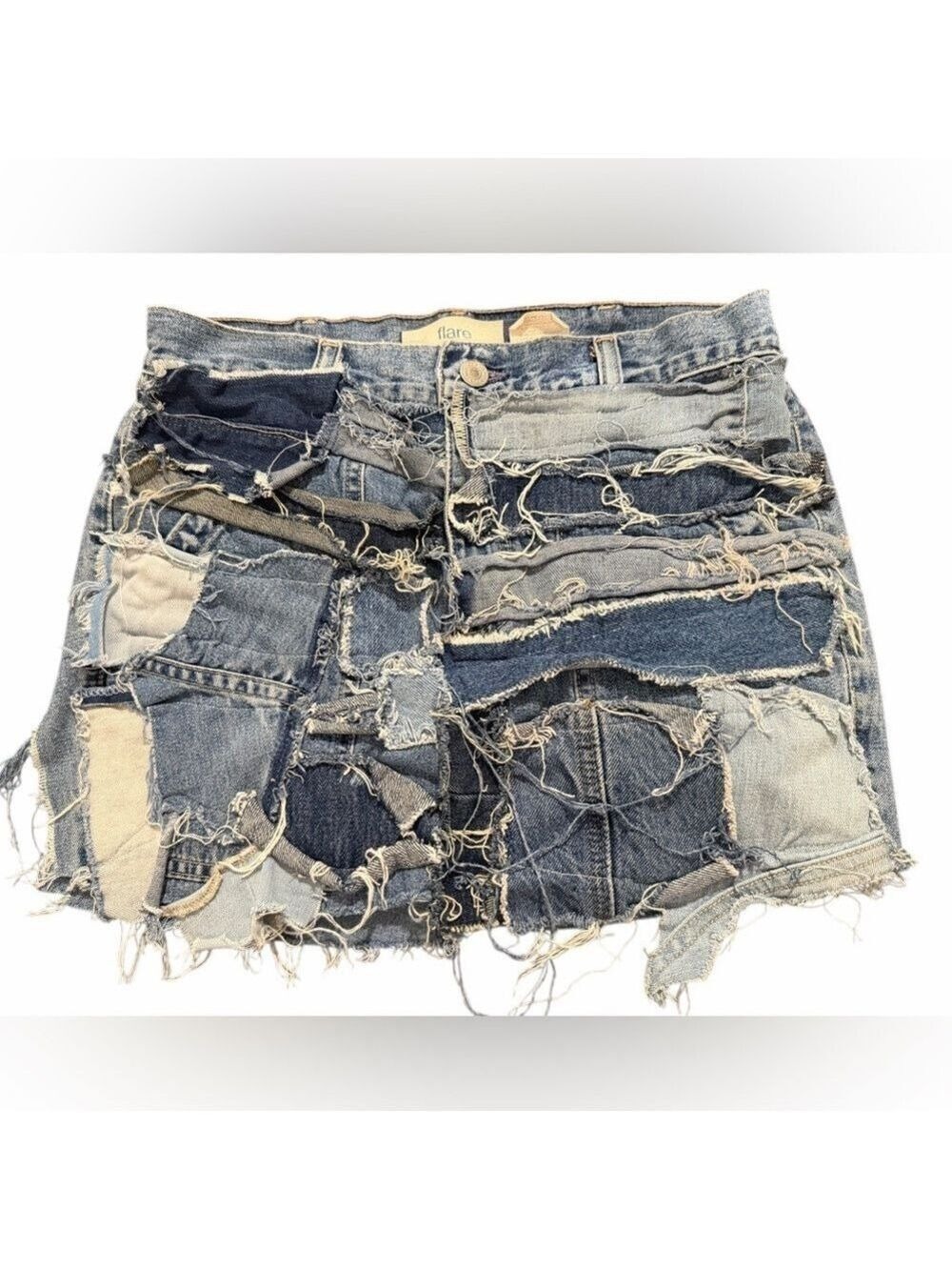 Patchwork Denim Mini Skirt Raw Frayed Exposed Seams Upcycled from Vintage Gap